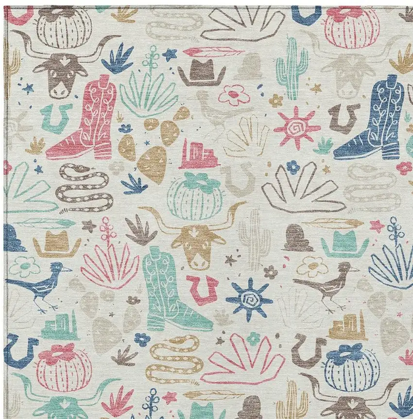 Linen And Pink Cactus Washable Indoor Outdoor Area Rug Photo 3
