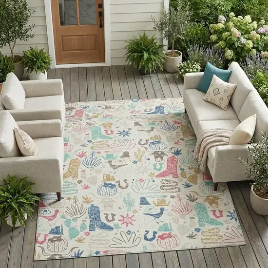 Linen And Pink Cactus Washable Indoor Outdoor Area Rug Photo 1