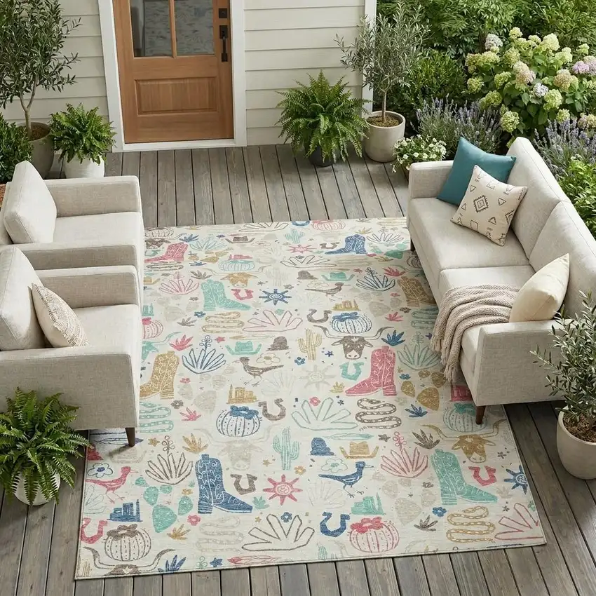 Linen And Pink Cactus Washable Indoor Outdoor Area Rug Photo 1
