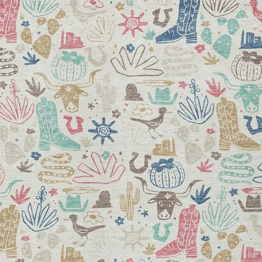 Linen And Pink Cactus Washable Indoor Outdoor Area Rug Photo 3
