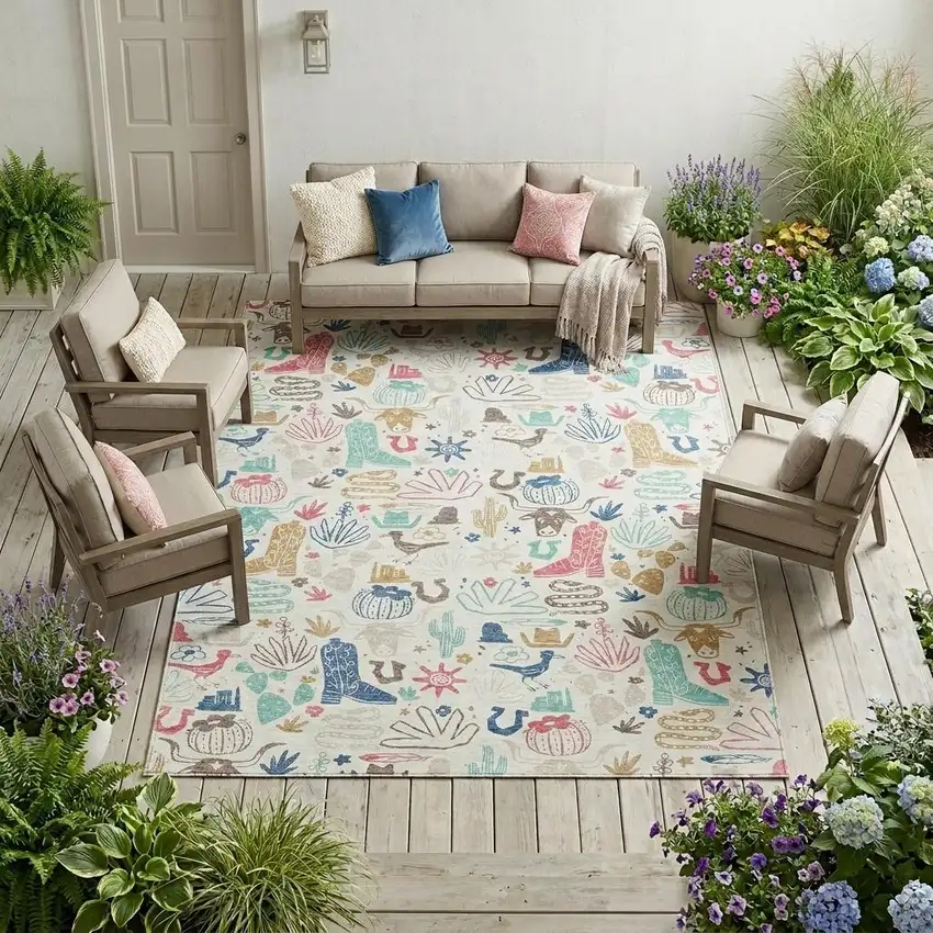 Linen And Pink Cactus Washable Indoor Outdoor Area Rug Photo 1