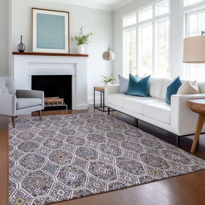 Linen And Plum Geometric Washable Indoor Outdoor Area Rug Photo 6