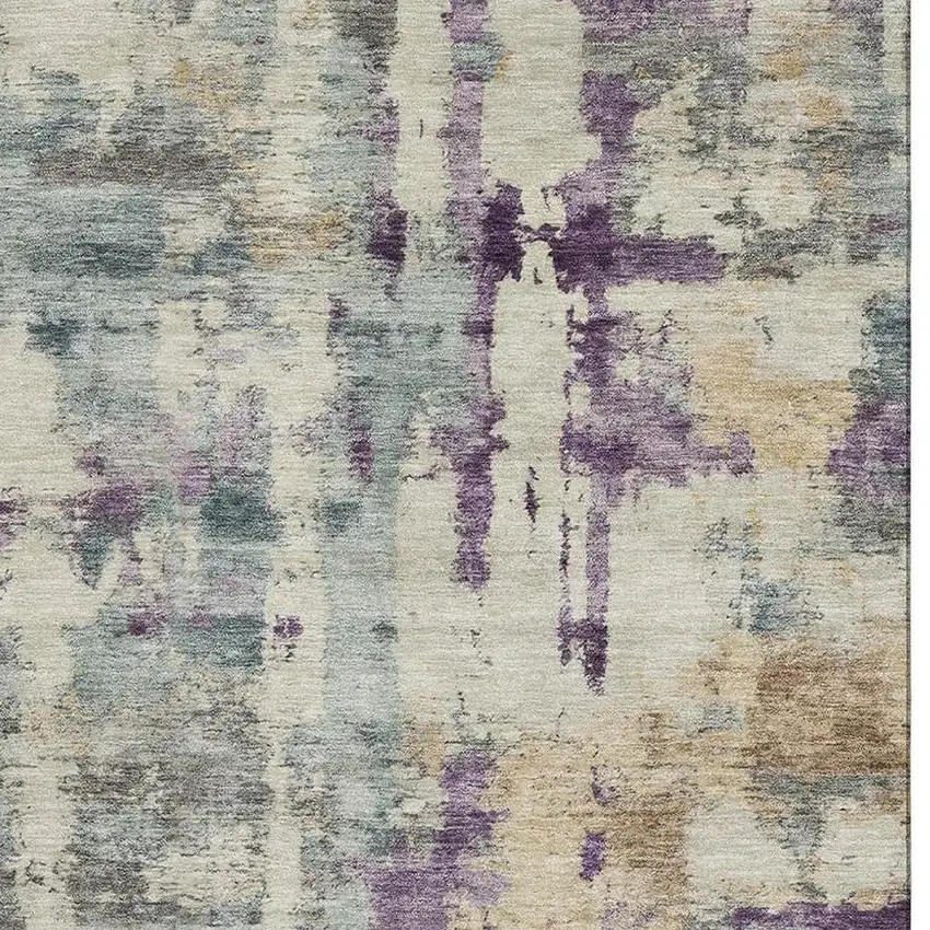 Linen And Purple Abstract Washable Area Rug With UV Protection Photo 4