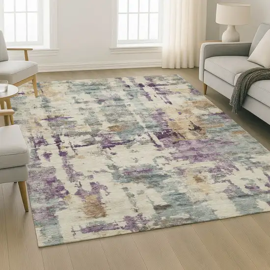 Linen And Purple Abstract Washable Area Rug With UV Protection Photo 6