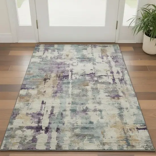 Linen And Purple Abstract Washable Area Rug With UV Protection Photo 2