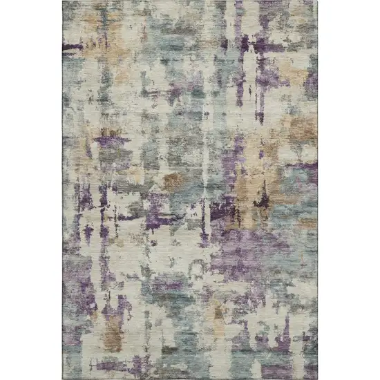 Linen And Purple Abstract Washable Area Rug With UV Protection Photo 1