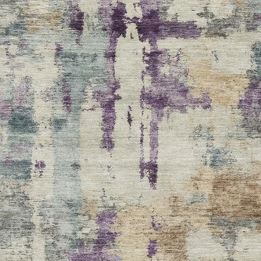 Linen And Purple Abstract Washable Area Rug With UV Protection Photo 3