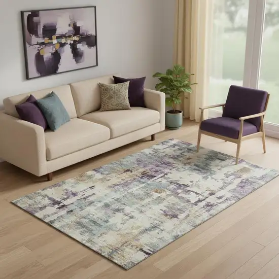 Linen And Purple Abstract Washable Area Rug With UV Protection Photo 2