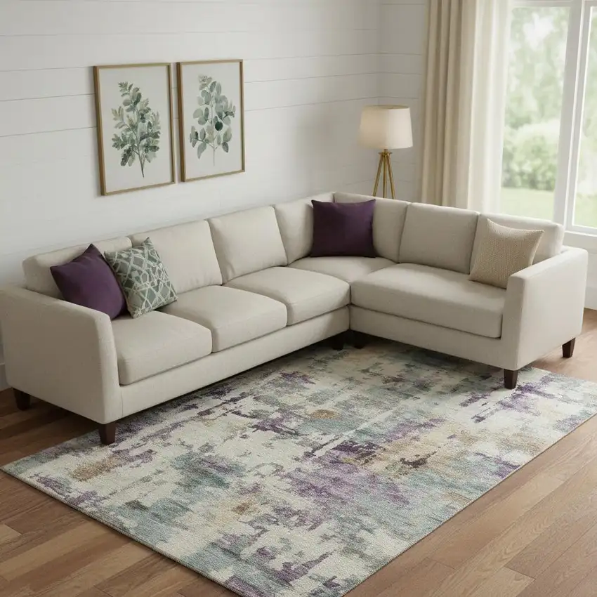 Linen And Purple Abstract Washable Area Rug With UV Protection Photo 2