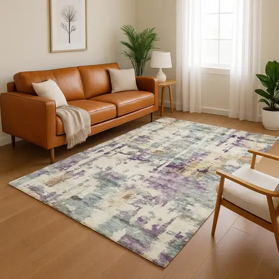 Linen And Purple Abstract Washable Area Rug With UV Protection Photo 5