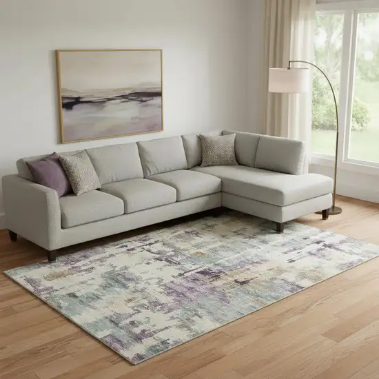 Linen And Purple Abstract Washable Area Rug With UV Protection Photo 2