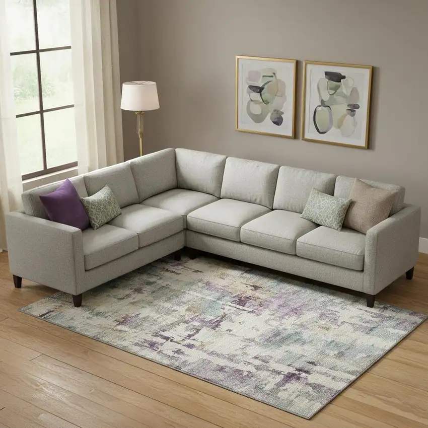 Linen And Purple Abstract Washable Area Rug With UV Protection Photo 2