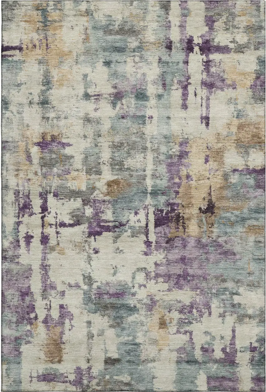 Linen And Purple Abstract Washable Area Rug With UV Protection Photo 1