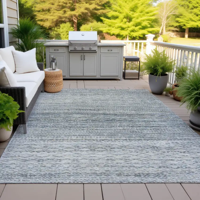 Linen And Silver Striped Washable Indoor Outdoor Area Rug Photo 4