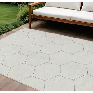 Photo of Linen Beige And Black Geometric Washable Indoor Outdoor Area Rug