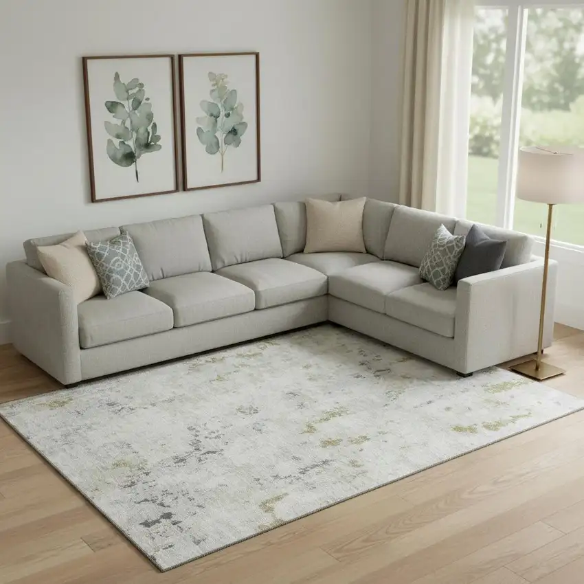 Linen Beige And Gray Abstract Washable Area Rug With UV Protection Photo 2