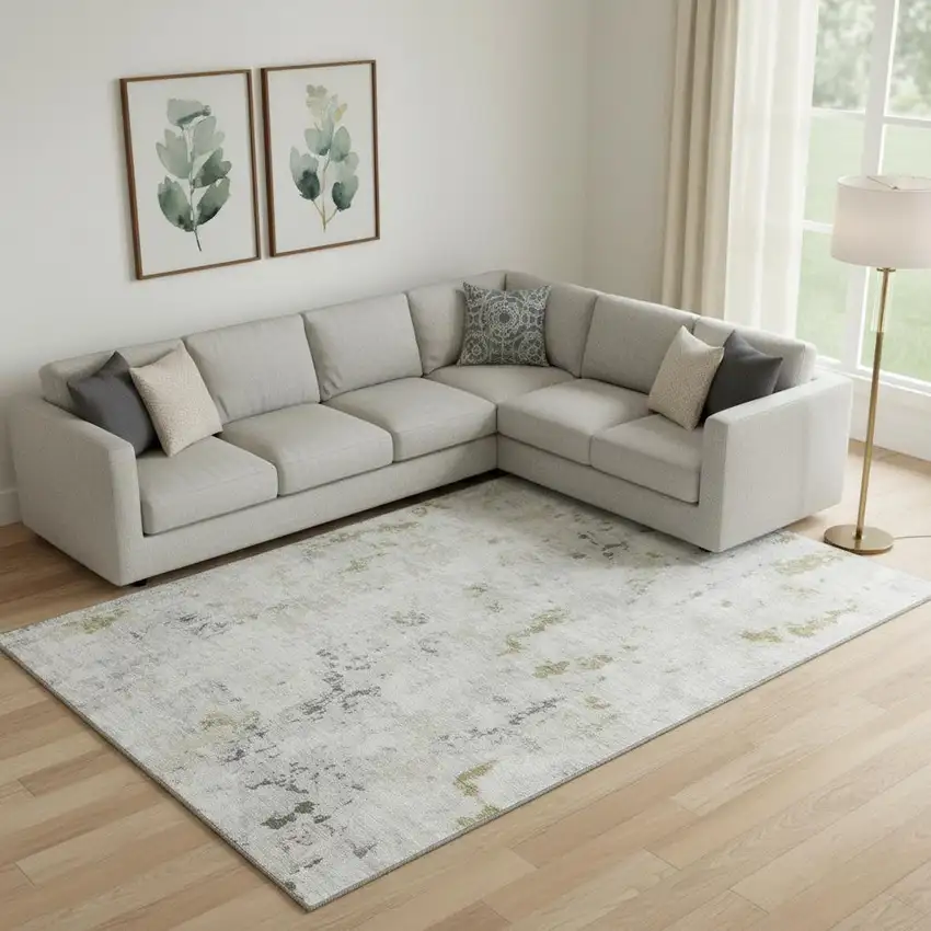 Linen Beige And Gray Abstract Washable Area Rug With UV Protection Photo 2