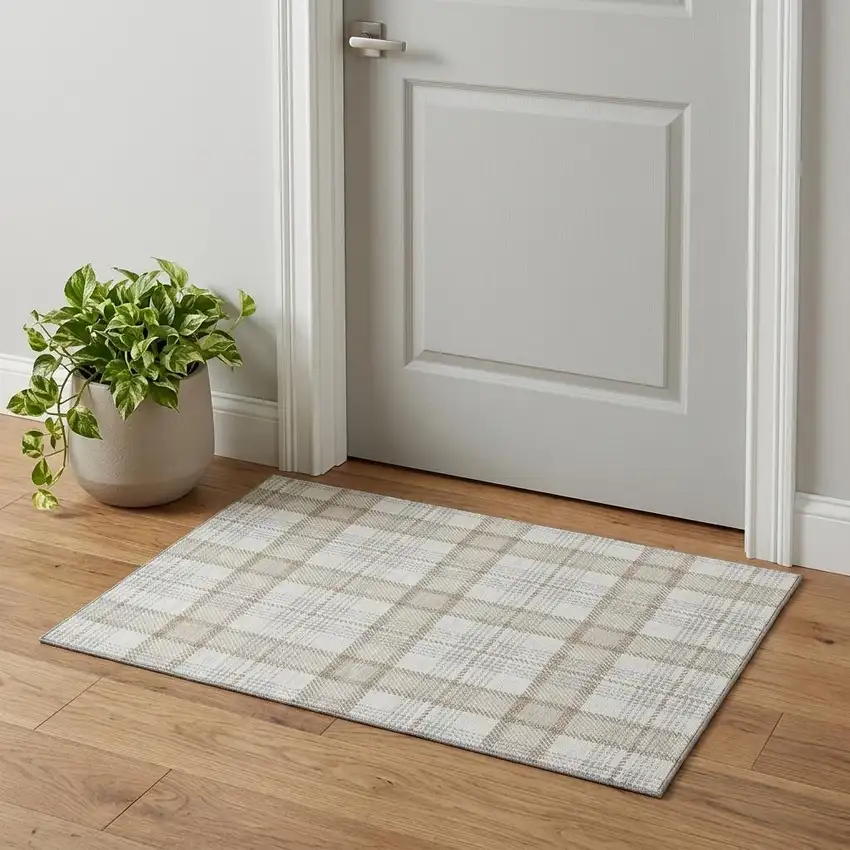 Linen Beige And Gray Plaid Washable Area Rug With UV Protection Photo 1
