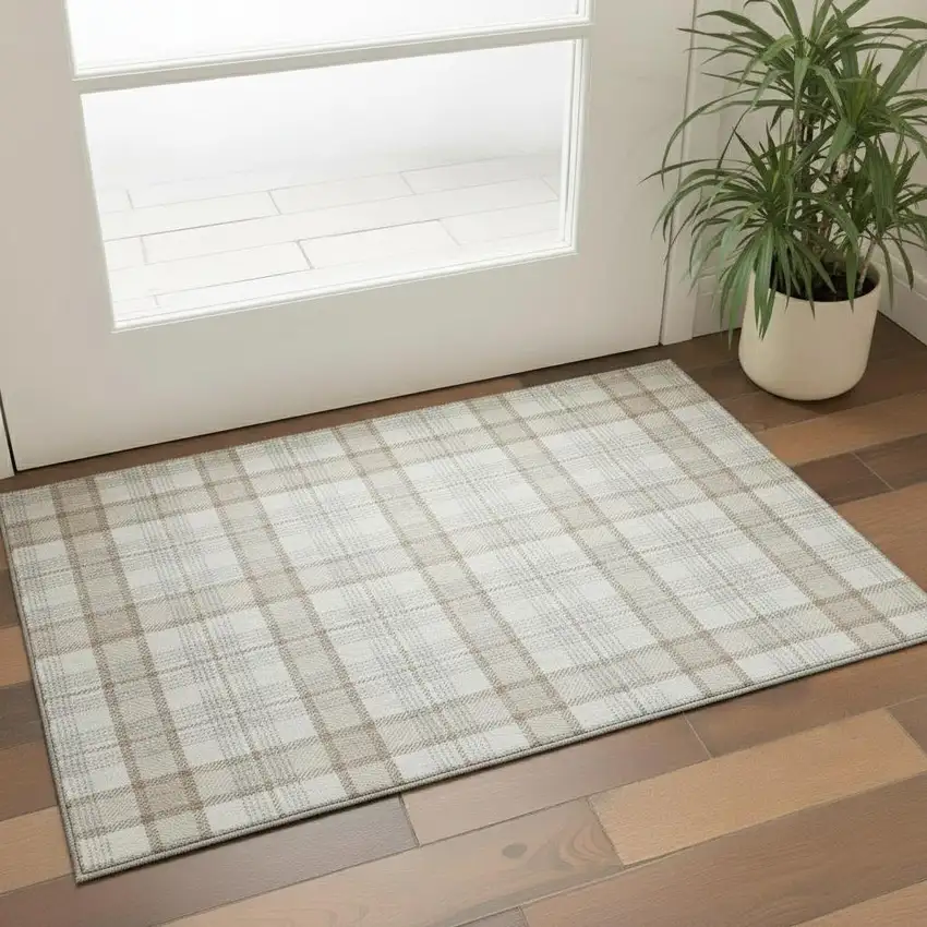 Linen Beige And Gray Plaid Washable Area Rug With UV Protection Photo 2