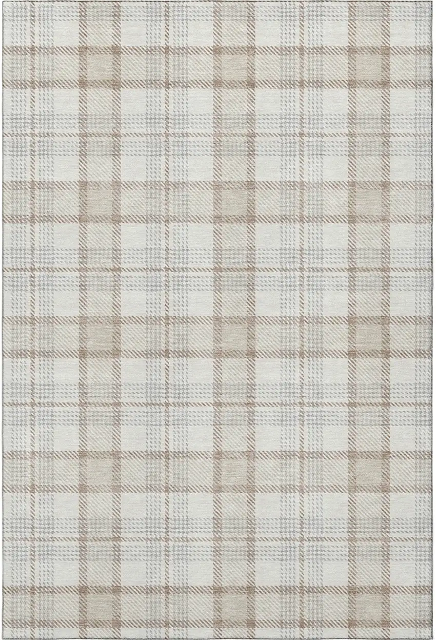 Linen Beige And Gray Plaid Washable Area Rug With UV Protection Photo 3