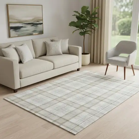 Linen Beige And Gray Plaid Washable Area Rug With UV Protection Photo 2