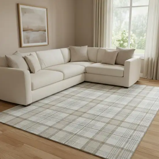 Linen Beige And Gray Plaid Washable Area Rug With UV Protection Photo 2