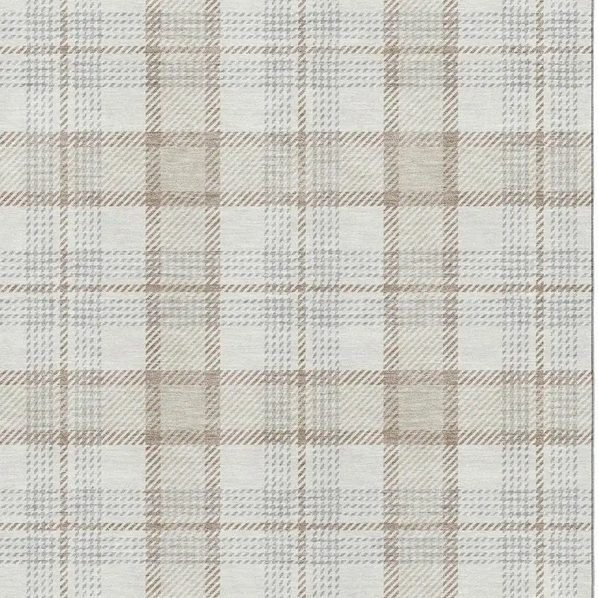 Linen Beige And Gray Plaid Washable Area Rug With UV Protection Photo 2