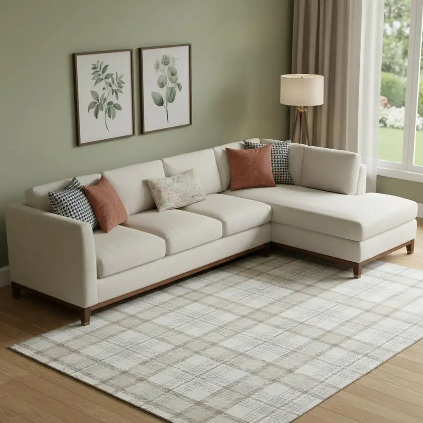 Linen Beige And Gray Plaid Washable Area Rug With UV Protection Photo 2