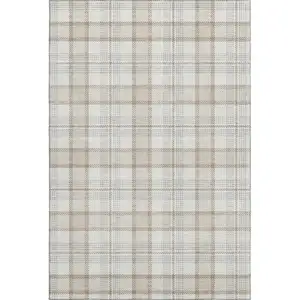 Photo of Linen Beige And Gray Plaid Washable Area Rug With UV Protection