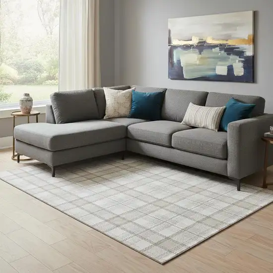 Linen Beige And Gray Plaid Washable Area Rug With UV Protection Photo 2