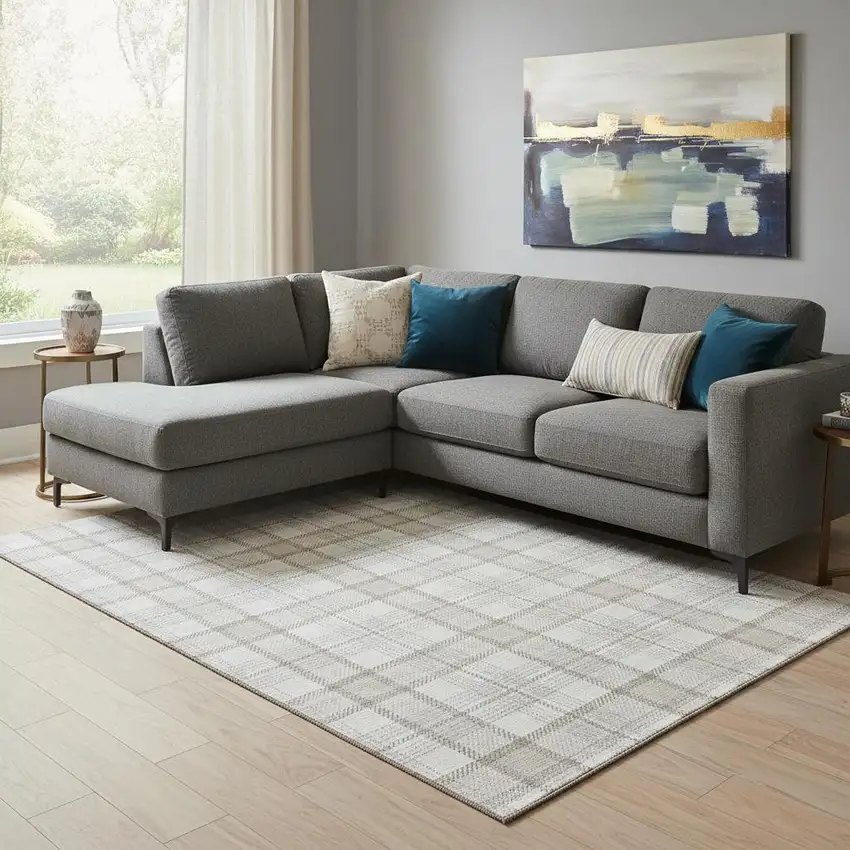 Linen Beige And Gray Plaid Washable Area Rug With UV Protection Photo 2