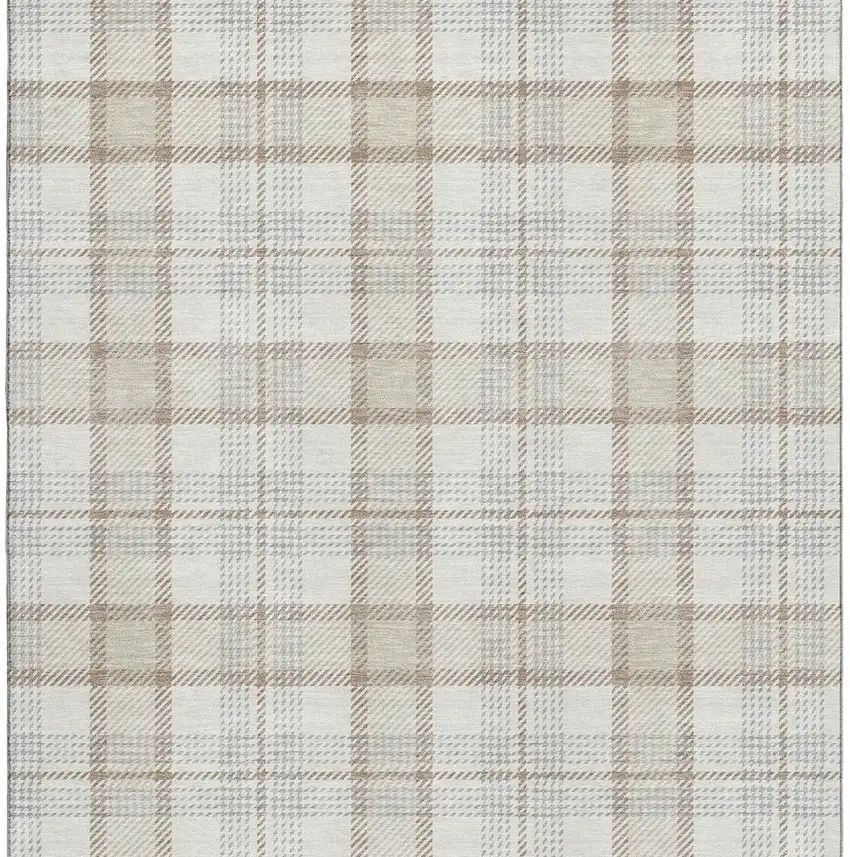 Linen Beige And Gray Plaid Washable Area Rug With UV Protection Photo 2