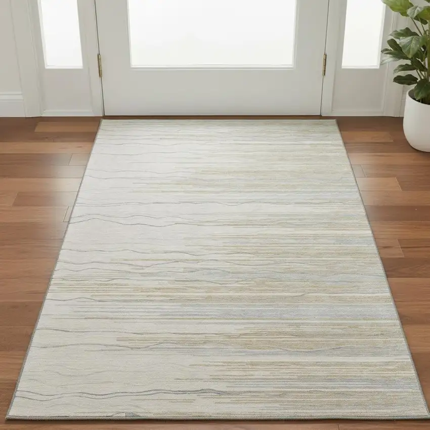Linen Beige And Ivory Striped Washable Area Rug With UV Protection Photo 2
