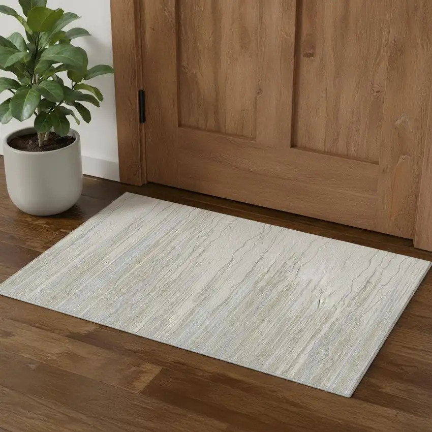 Linen Beige And Ivory Striped Washable Area Rug With UV Protection Photo 1