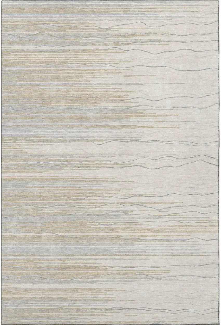 Linen Beige And Ivory Striped Washable Area Rug With UV Protection Photo 3