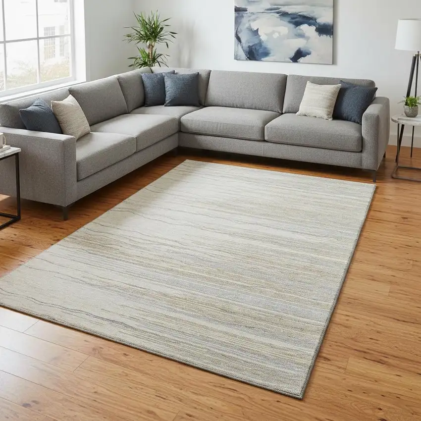 Linen Beige And Ivory Striped Washable Area Rug With UV Protection Photo 2