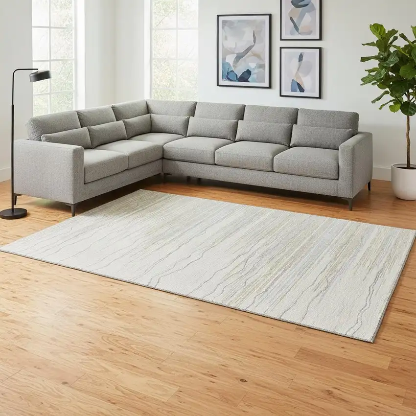 Linen Beige And Ivory Striped Washable Area Rug With UV Protection Photo 2