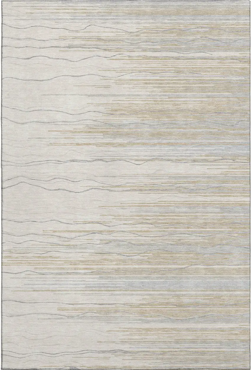 Linen Beige And Ivory Striped Washable Area Rug With UV Protection Photo 1