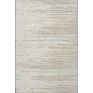 Photo of Linen Beige And Ivory Striped Washable Area Rug With UV Protection