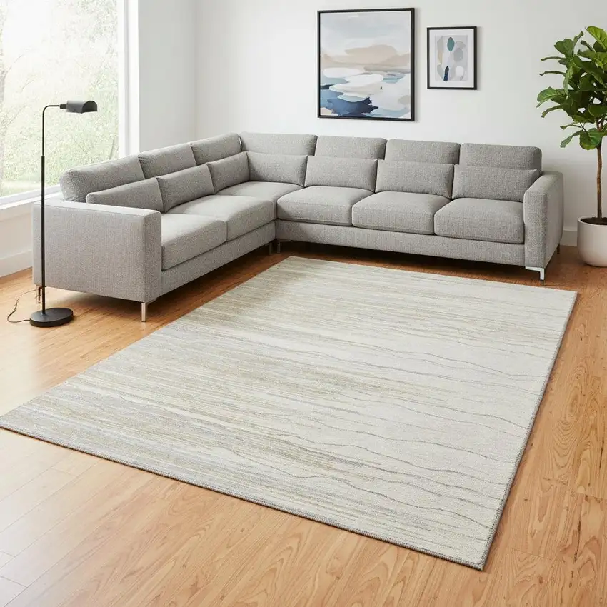 Linen Beige And Ivory Striped Washable Area Rug With UV Protection Photo 2