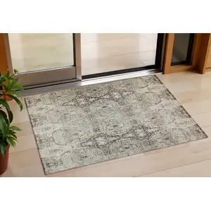Photo of Linen Black And Brown Floral Washable Indoor Outdoor Area Rug