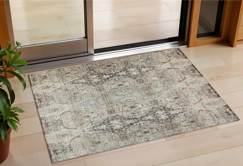 Linen Black And Brown Floral Washable Indoor Outdoor Area Rug Photo 1
