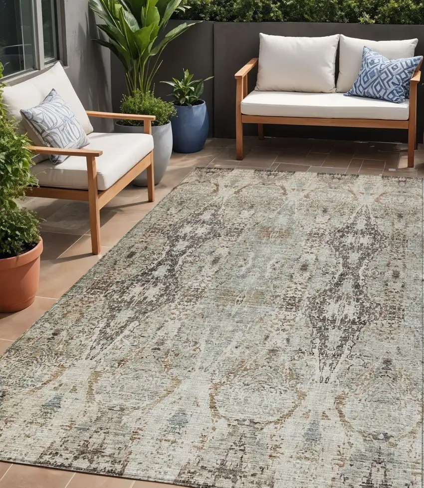 Linen Black And Brown Floral Washable Indoor Outdoor Area Rug Photo 1