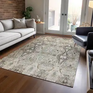 Photo of Linen Black And Brown Floral Washable Indoor Outdoor Area Rug