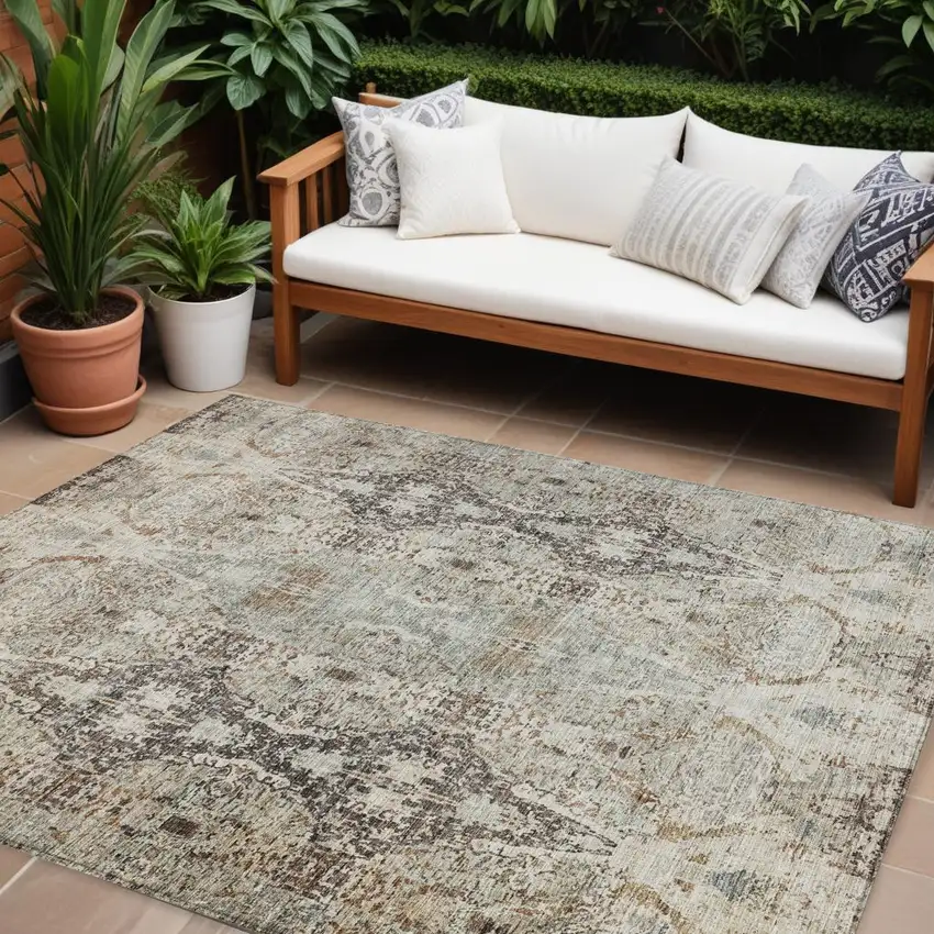 Linen Black And Brown Floral Washable Indoor Outdoor Area Rug Photo 1