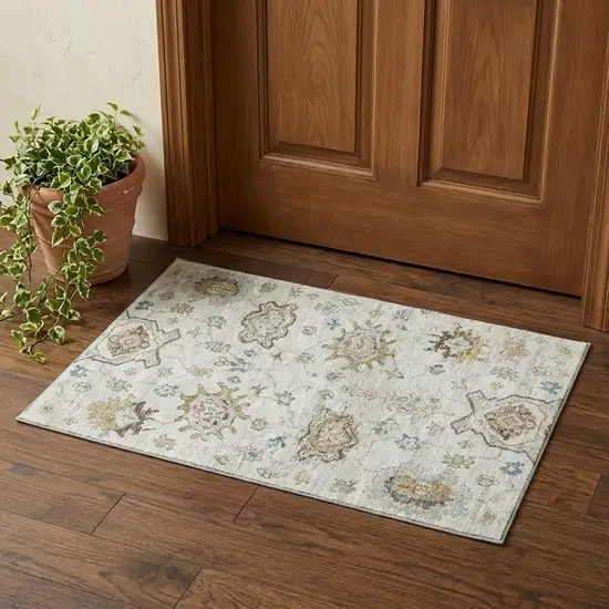 Linen Blue And Coffee Floral Medallion Distressed Washable Area Rug With UV Protection Photo 1