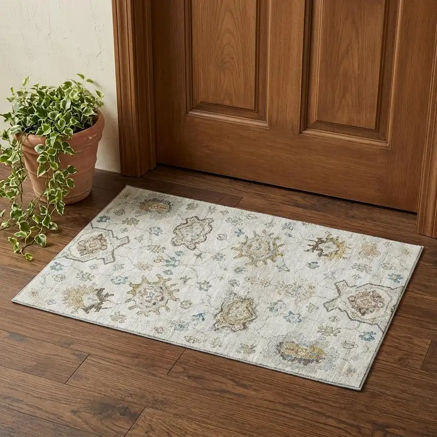 Linen Blue And Coffee Floral Medallion Distressed Washable Area Rug With UV Protection Photo 1