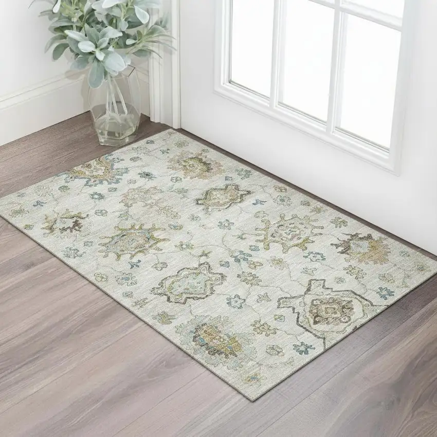Linen Blue And Coffee Floral Medallion Washable Area Rug With UV Protection Photo 1