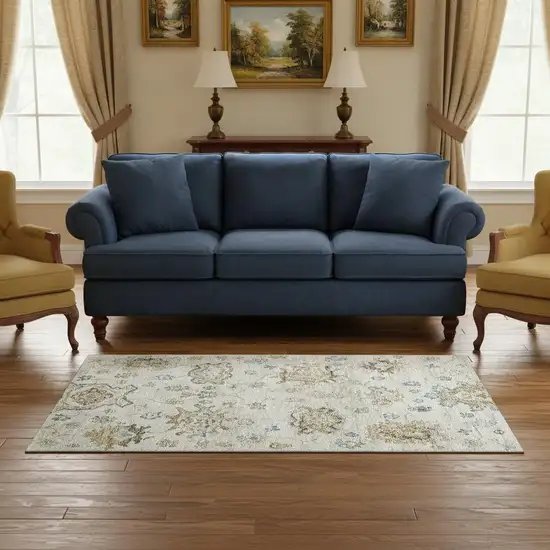 Linen Blue And Coffee Floral Medallion Washable Area Rug With UV Protection Photo 1