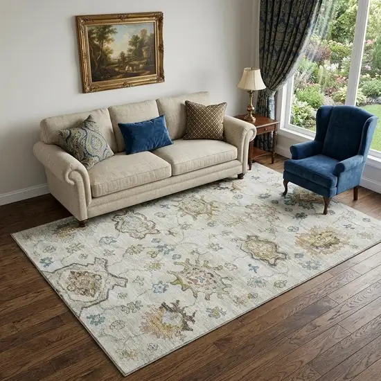 Blue Coffee And Linen Floral Medallion Distressed Washable Area Rug With UV Protection Photo 1